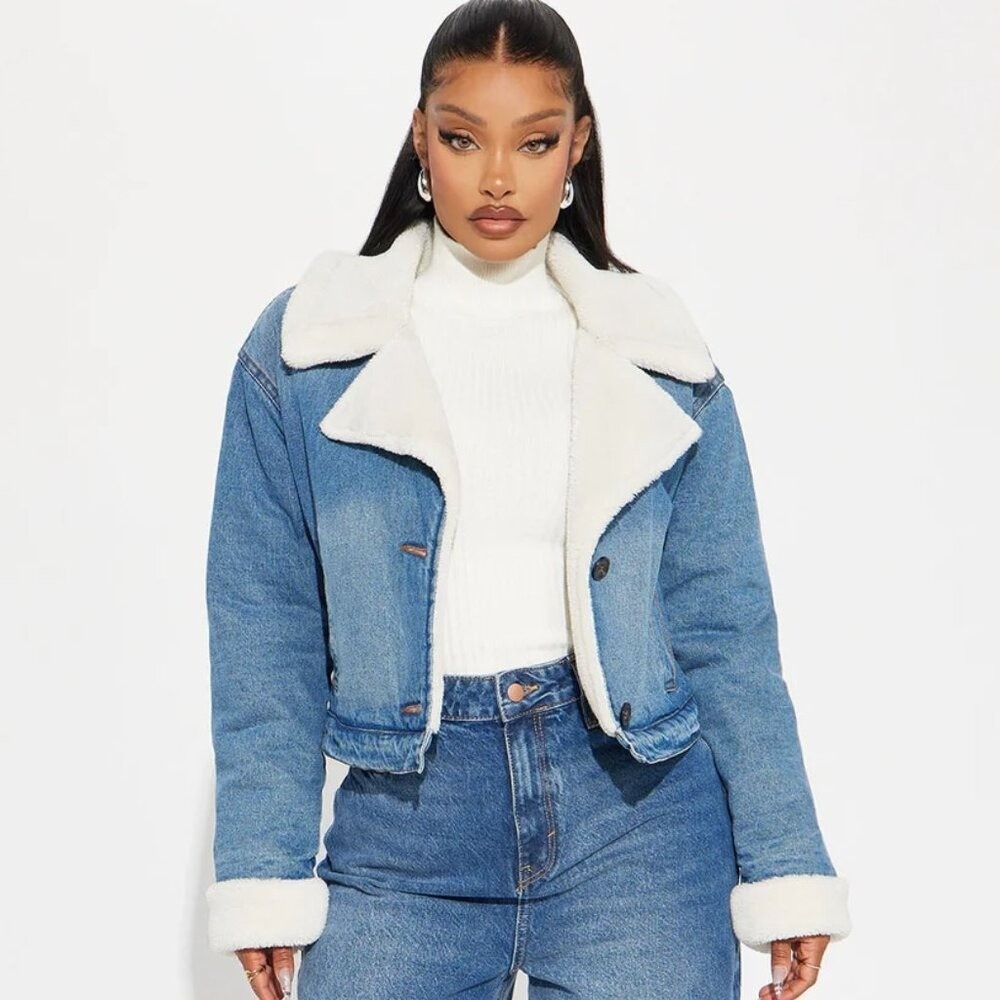 Fashion Nova Mila Denim Shearling Jean Jacket XL Medium Wash Cropped NWT Winter‎